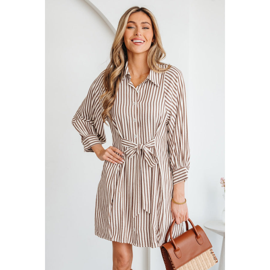 Brown Stripe Knot Waist Puff Sleeve Button Down Mini Shirt Dress Brown Stripe / S / 50% Polyester + 50% Viscose Dresses/Mini Dresses