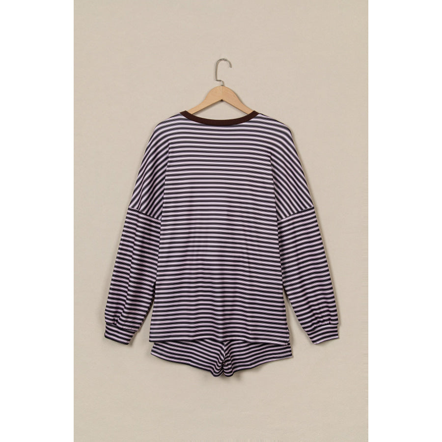 Brown Stripe Long Sleeve Oversized Top Pocketed Casual Shorts Two Piece Set Sets/Short Sets