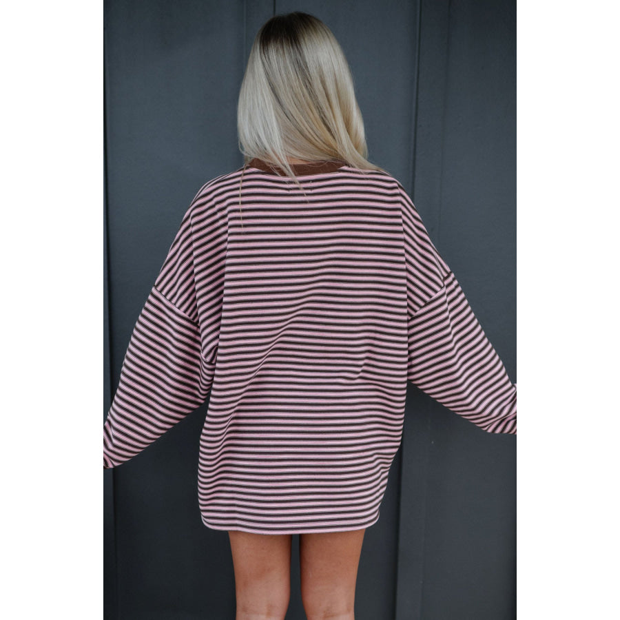 Brown Stripe Long Sleeve Oversized Top Pocketed Casual Shorts Two Piece Set Sets/Short Sets