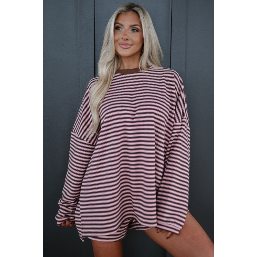 Brown Stripe Long Sleeve Oversized Top Pocketed Casual Shorts Two Piece Set Sets/Short Sets