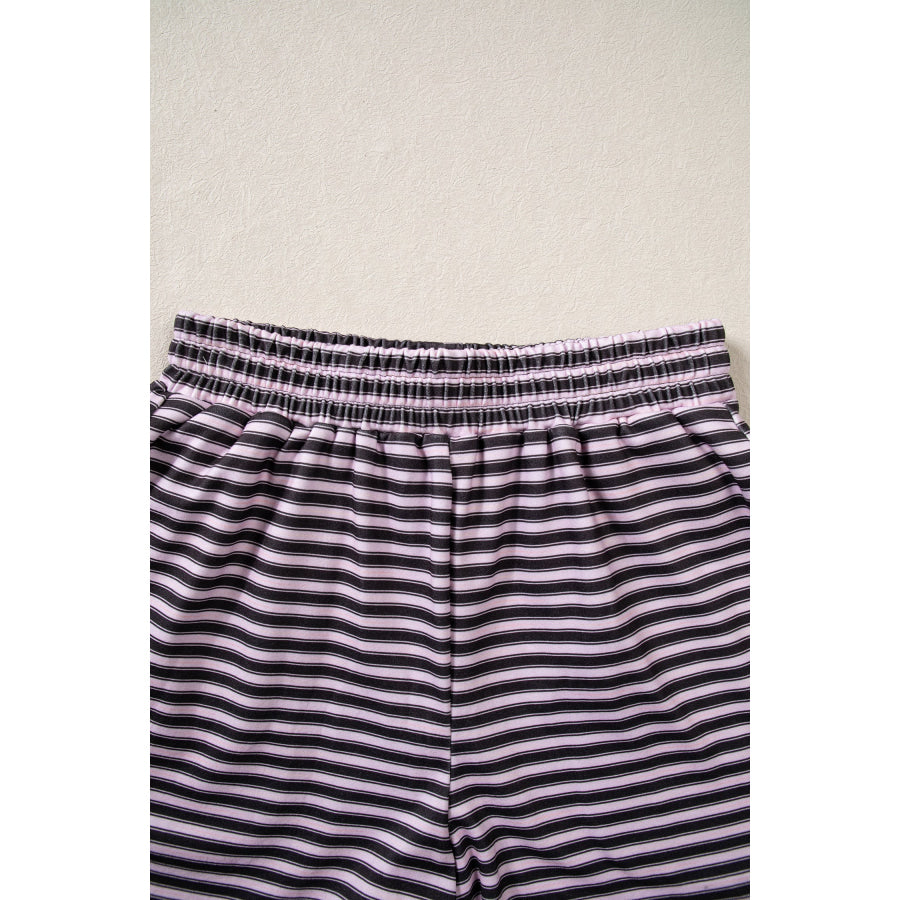 Brown Stripe Long Sleeve Oversized Top Pocketed Casual Shorts Two Piece Set Sets/Short Sets