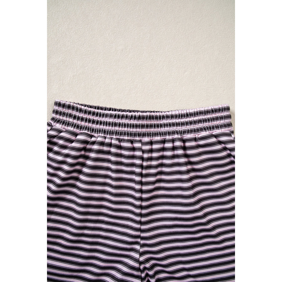 Brown Stripe Long Sleeve Oversized Top Pocketed Casual Shorts Two Piece Set Sets/Short Sets