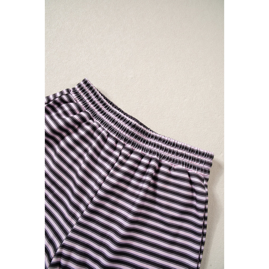 Brown Stripe Long Sleeve Oversized Top Pocketed Casual Shorts Two Piece Set Sets/Short Sets