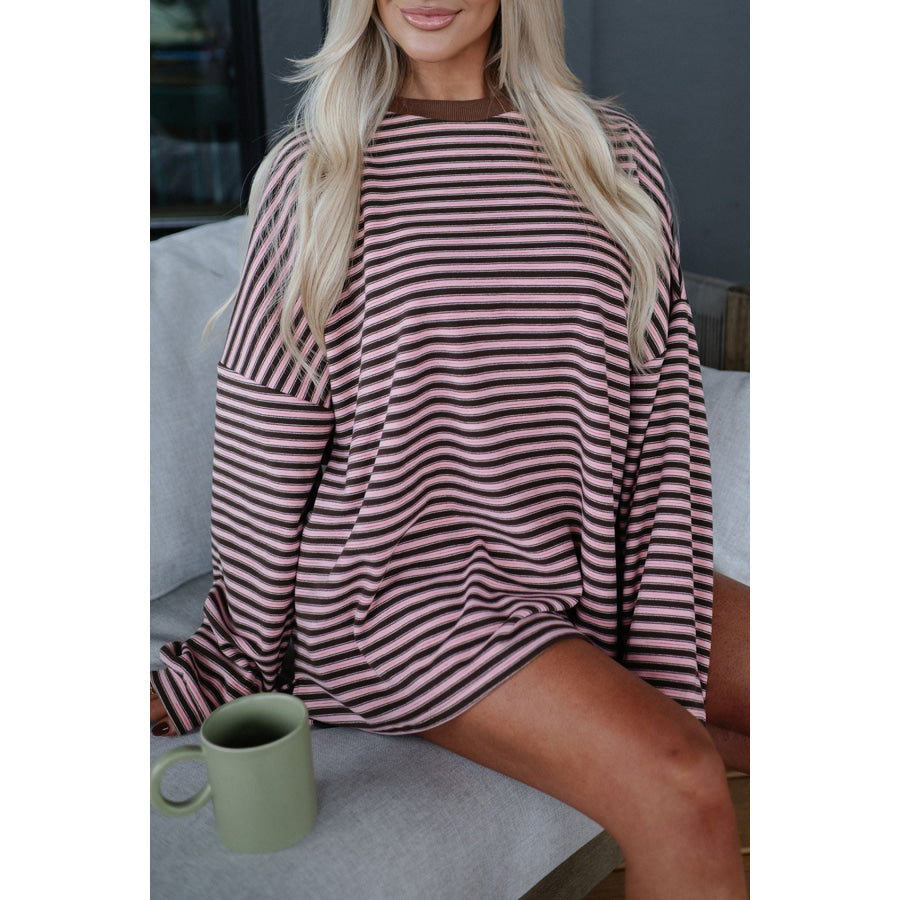Brown Stripe Long Sleeve Oversized Top Pocketed Casual Shorts Two Piece Set Sets/Short Sets