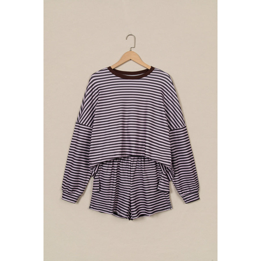 Brown Stripe Long Sleeve Oversized Top Pocketed Casual Shorts Two Piece Set Sets/Short Sets