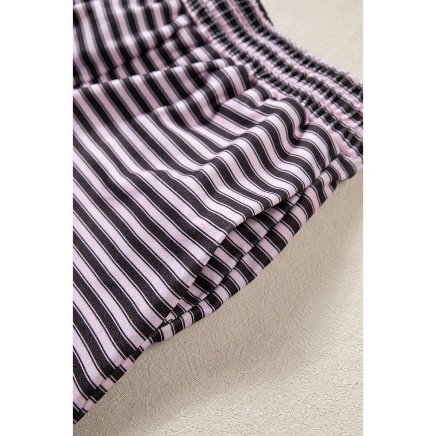 Brown Stripe Long Sleeve Oversized Top Pocketed Casual Shorts Two Piece Set Sets/Short Sets