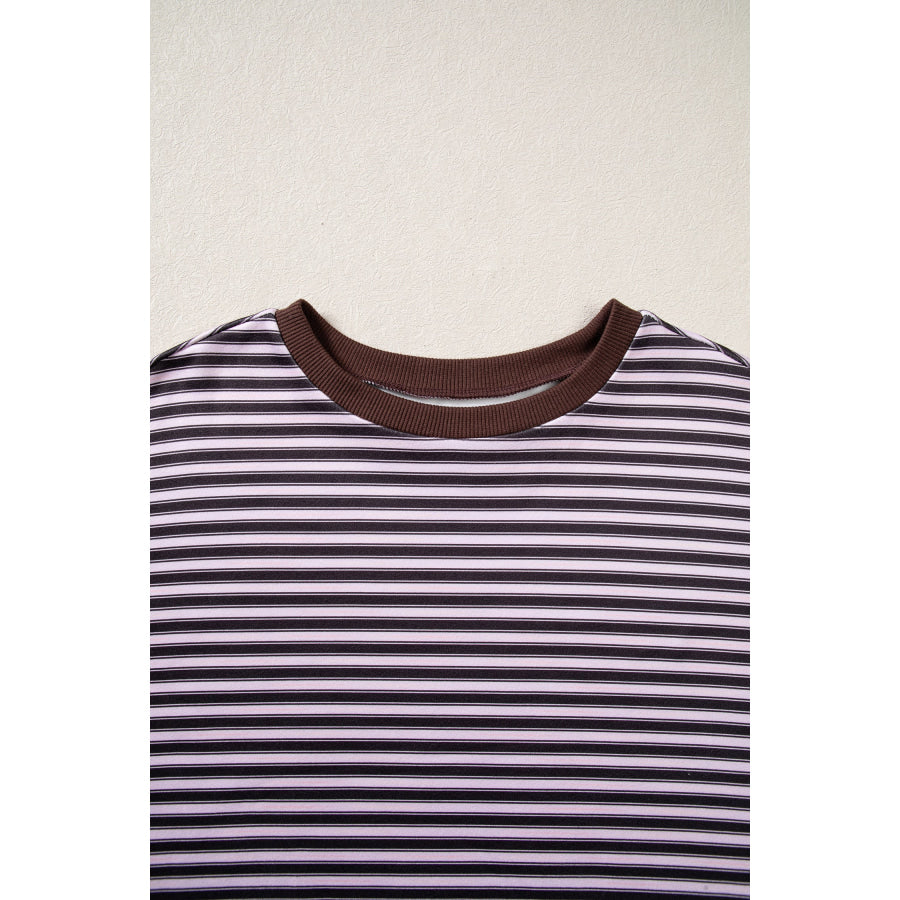 Brown Stripe Long Sleeve Oversized Top Pocketed Casual Shorts Two Piece Set Sets/Short Sets