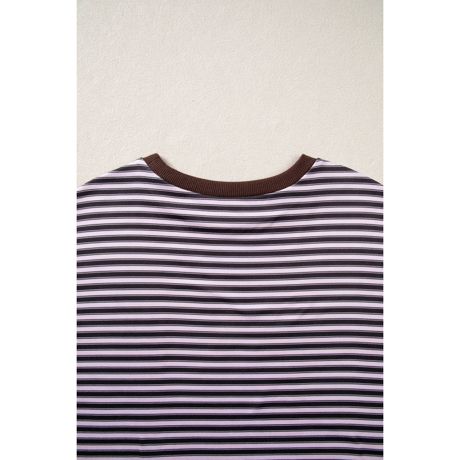 Brown Stripe Long Sleeve Oversized Top Pocketed Casual Shorts Two Piece Set Sets/Short Sets