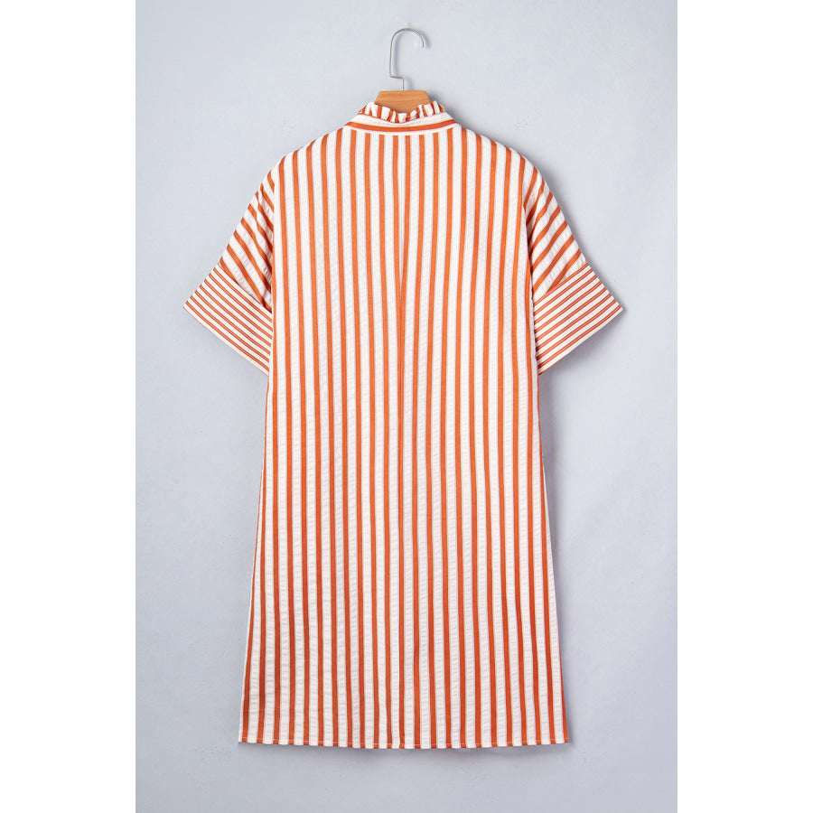 Brown Stripe Pinched V Neck Turn-up Cuffs Shift Mini Dress Dresses/Mini Dresses