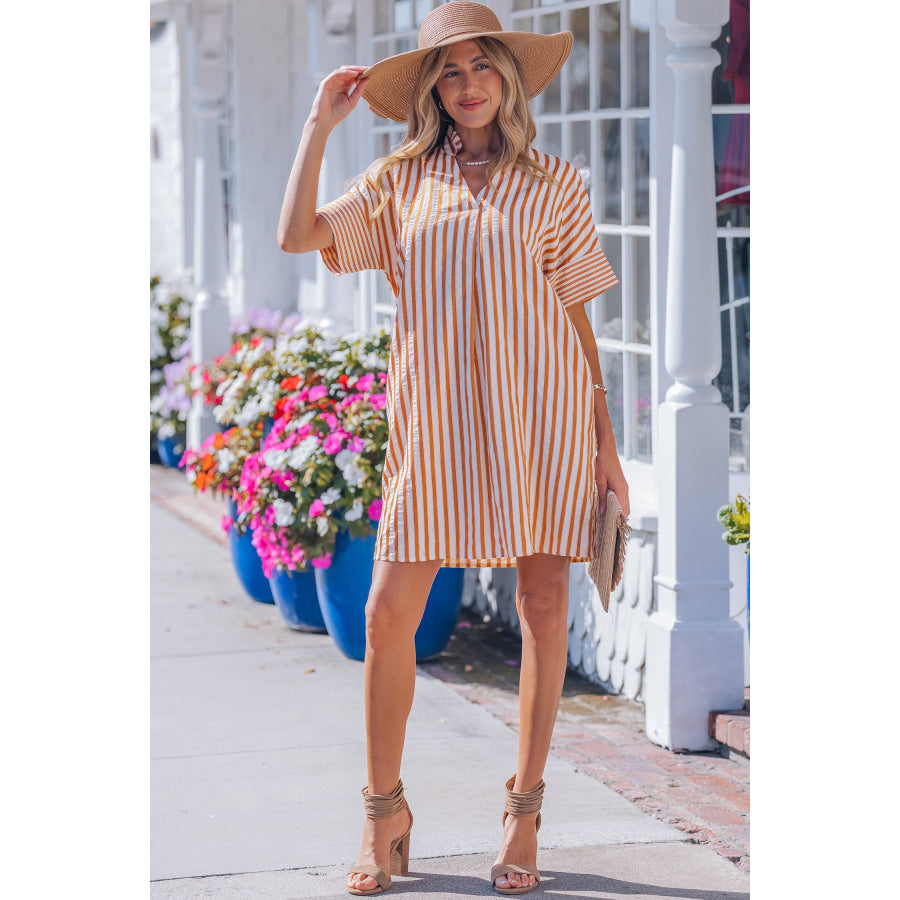 Brown Stripe Pinched V Neck Turn-up Cuffs Shift Mini Dress Dresses/Mini Dresses