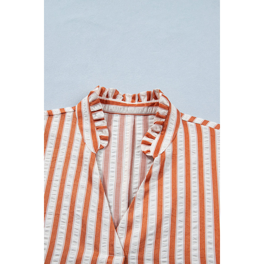Brown Stripe Pinched V Neck Turn-up Cuffs Shift Mini Dress Dresses/Mini Dresses