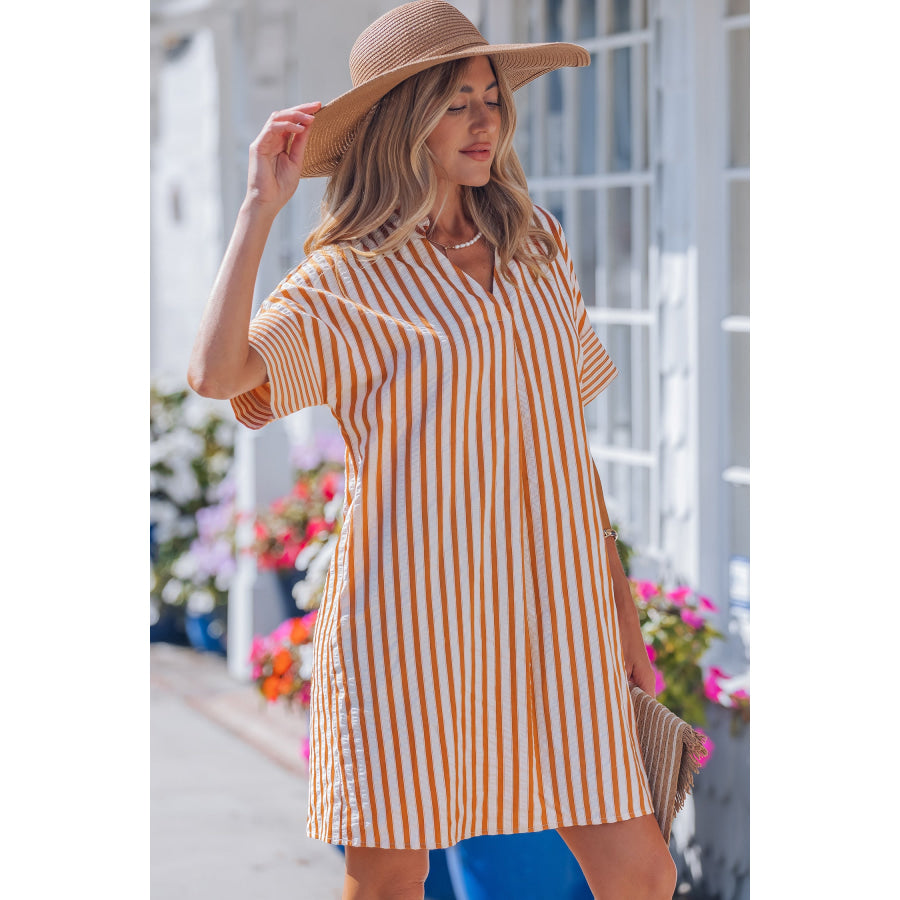 Brown Stripe Pinched V Neck Turn-up Cuffs Shift Mini Dress Dresses/Mini Dresses