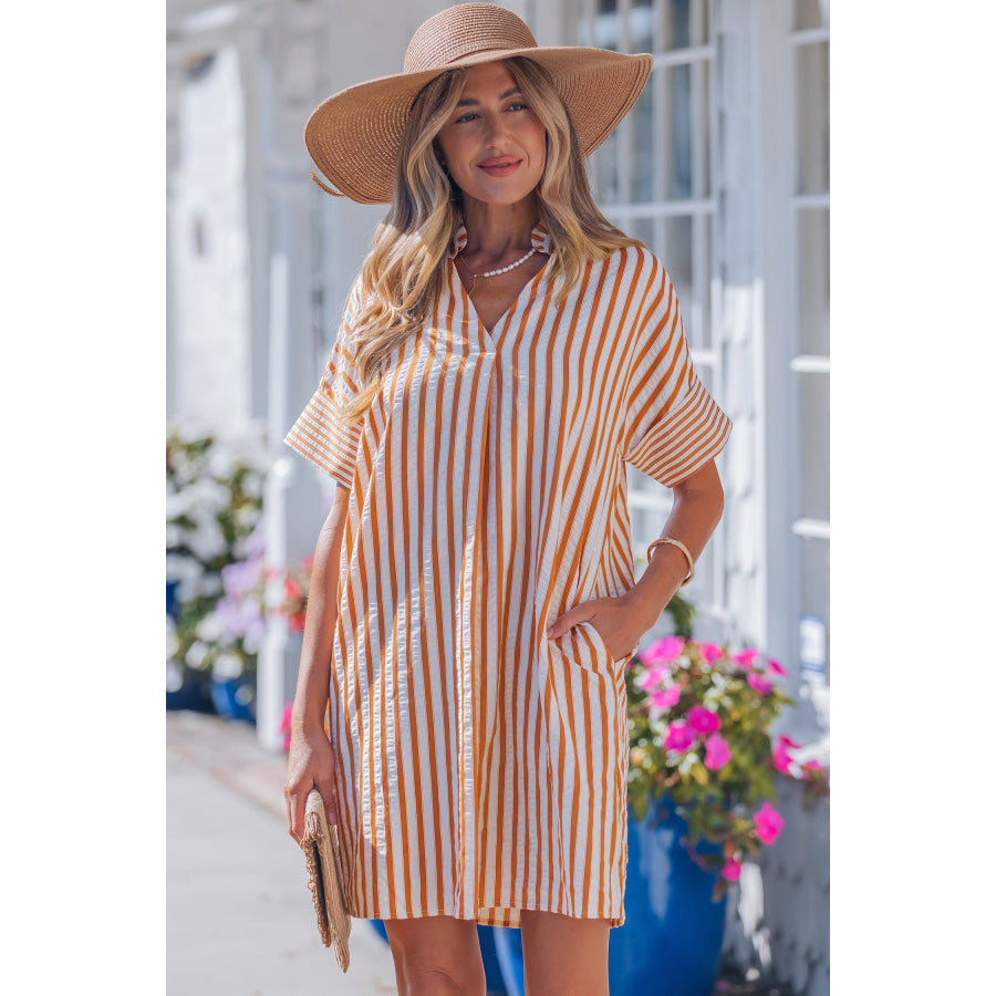 Brown Stripe Pinched V Neck Turn-up Cuffs Shift Mini Dress Dresses/Mini Dresses