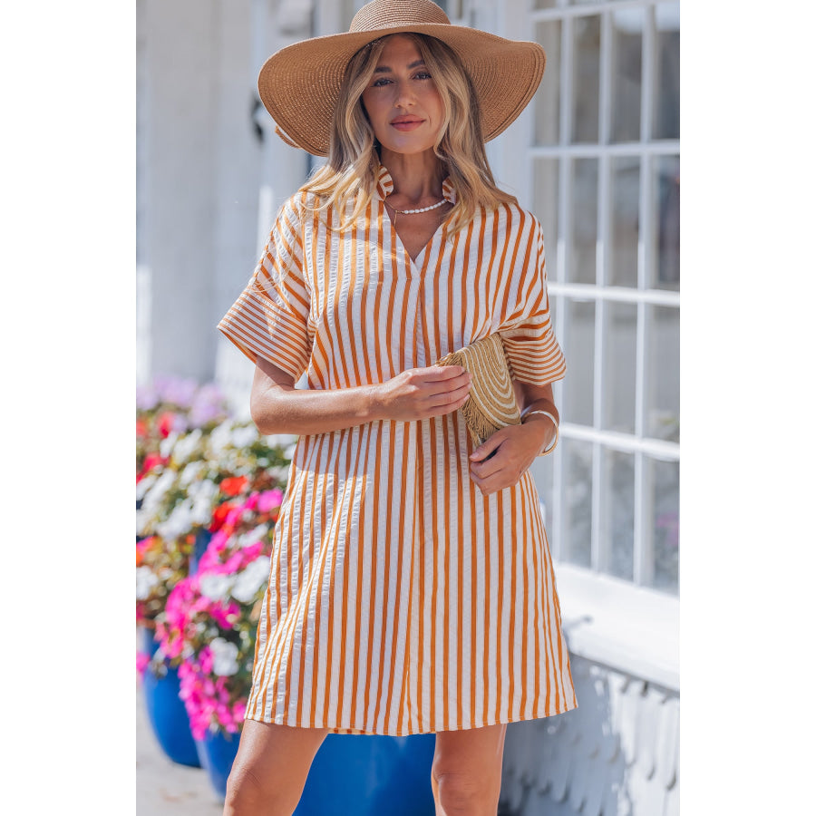 Brown Stripe Pinched V Neck Turn-up Cuffs Shift Mini Dress Dresses/Mini Dresses
