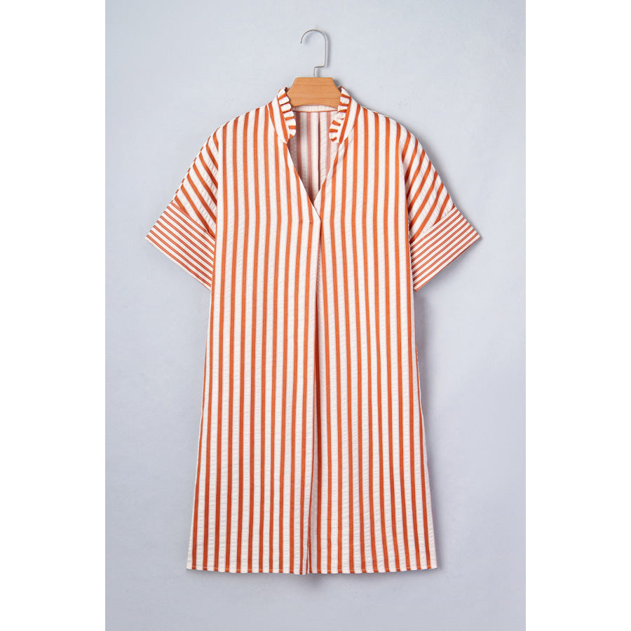 Brown Stripe Pinched V Neck Turn-up Cuffs Shift Mini Dress Dresses/Mini Dresses