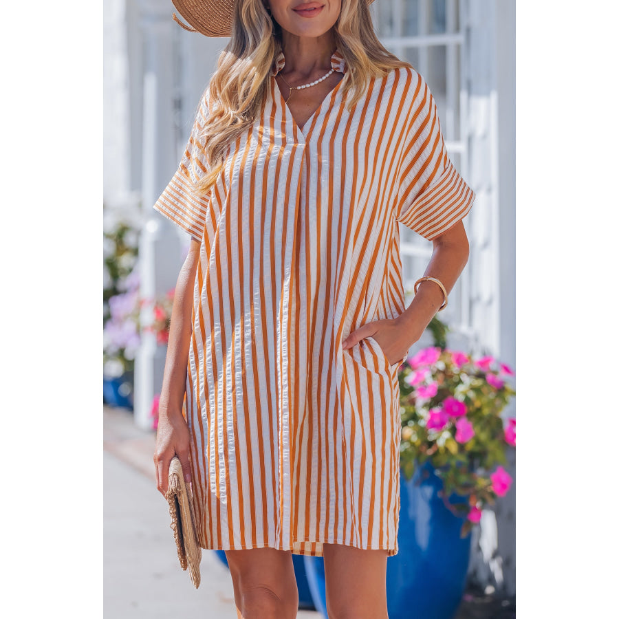 Brown Stripe Pinched V Neck Turn-up Cuffs Shift Mini Dress Dresses/Mini Dresses