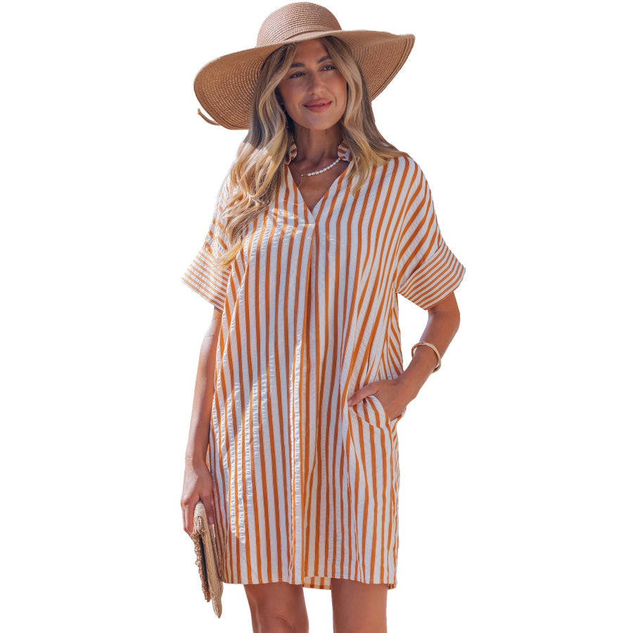 Brown Stripe Pinched V Neck Turn-up Cuffs Shift Mini Dress Dresses/Mini Dresses
