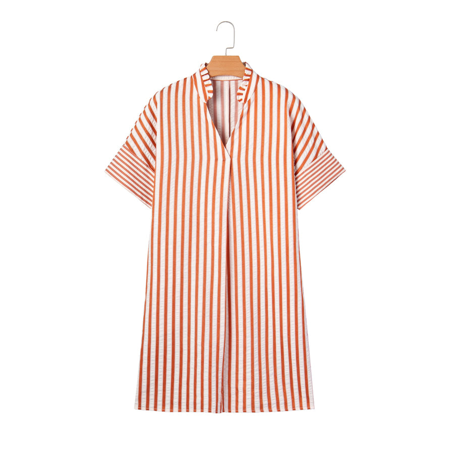 Brown Stripe Pinched V Neck Turn-up Cuffs Shift Mini Dress Dresses/Mini Dresses