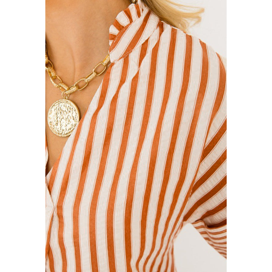 Brown Stripe Pinched V Neck Turn-up Cuffs Shift Mini Dress Dresses/Mini Dresses