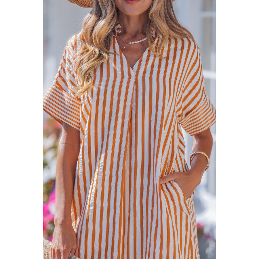 Brown Stripe Pinched V Neck Turn-up Cuffs Shift Mini Dress Dresses/Mini Dresses