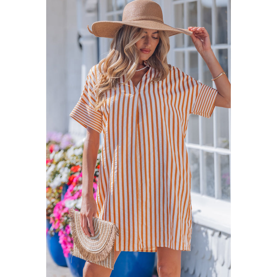 Brown Stripe Pinched V Neck Turn-up Cuffs Shift Mini Dress Dresses/Mini Dresses