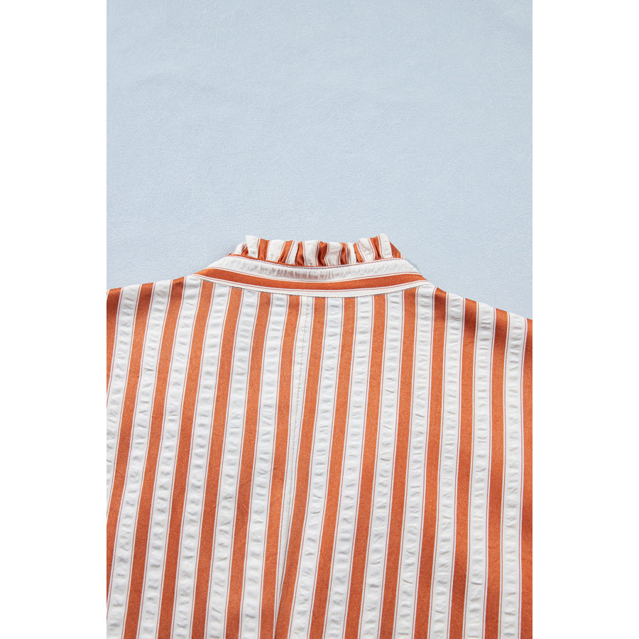 Brown Stripe Pinched V Neck Turn-up Cuffs Shift Mini Dress Dresses/Mini Dresses