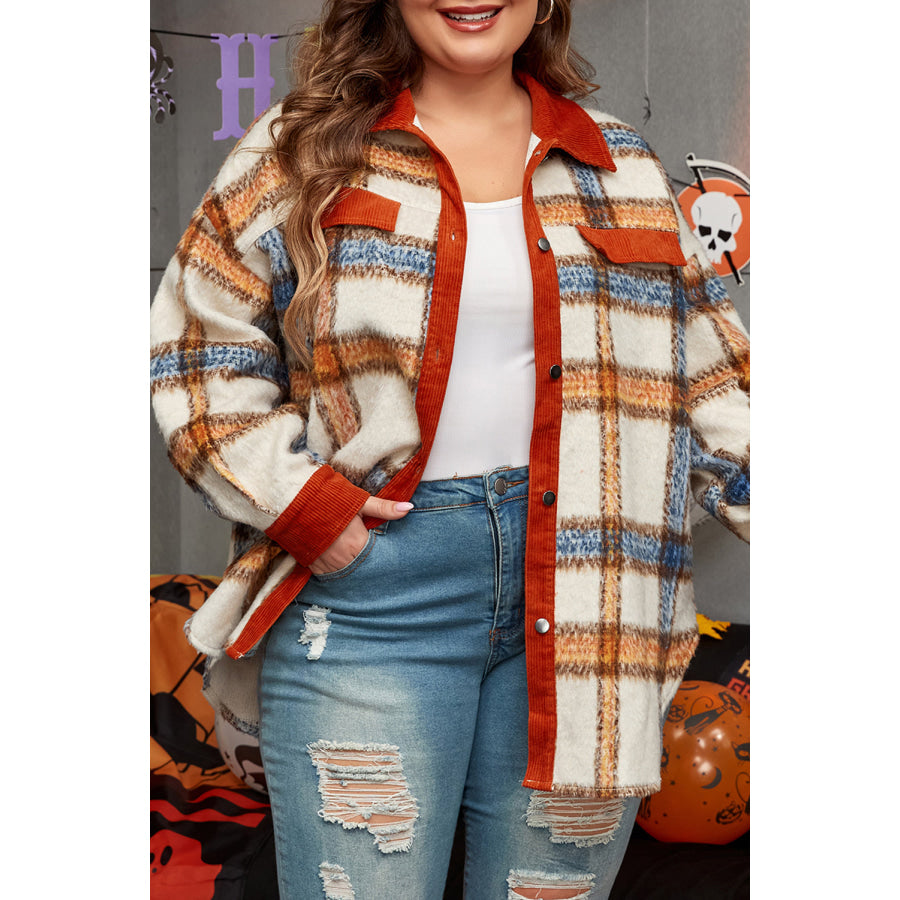 Brown Stripe Plus Size Plaid Print Collared Buttoned Jacket Sale (50% OFF)/Sale (50% OFF)