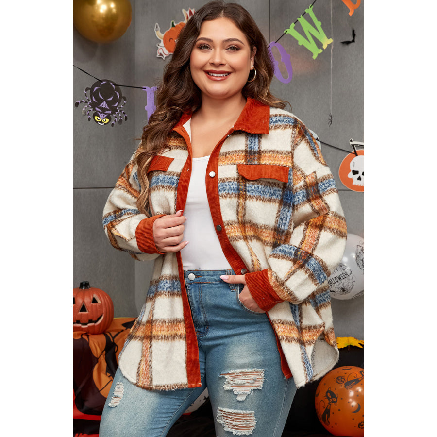 Brown Stripe Plus Size Plaid Print Collared Buttoned Jacket Sale (50% OFF)/Sale (50% OFF)