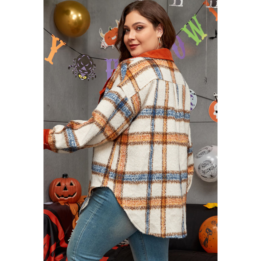 Brown Stripe Plus Size Plaid Print Collared Buttoned Jacket Sale (50% OFF)/Sale (50% OFF)
