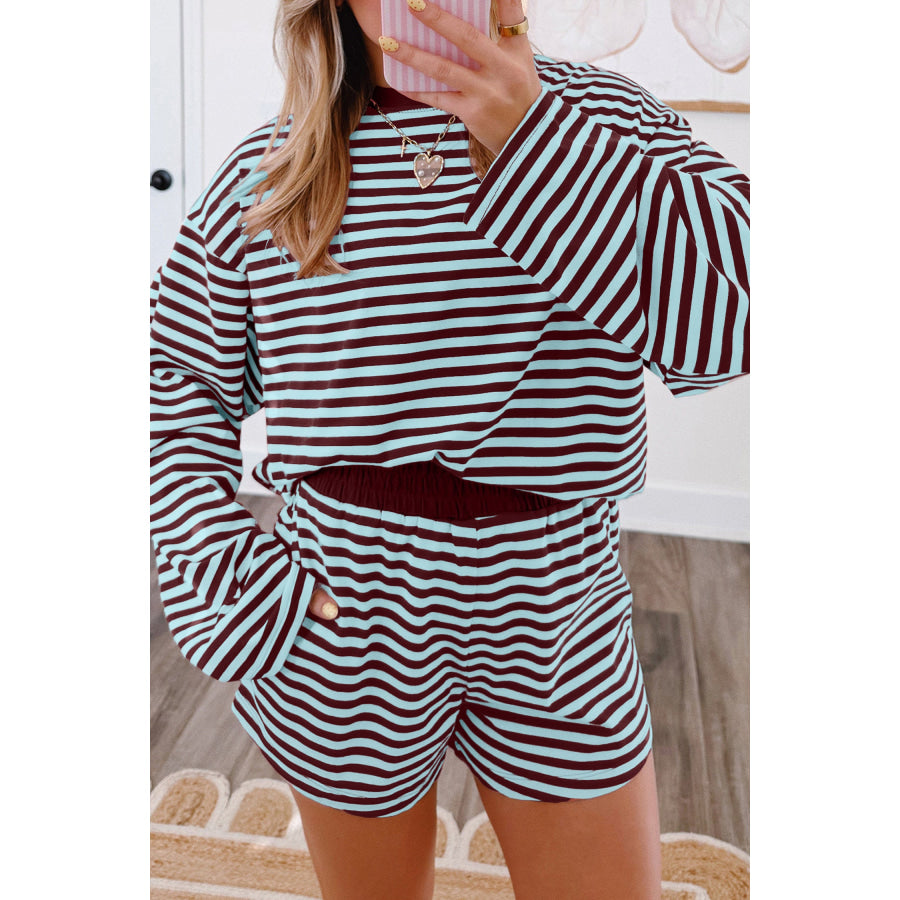 Brown Stripe Relaxed Long Sleeve Top Contrast Elastic Waistband Short Set / S / 95% Cotton + 5% Elastane Two Piece Sets/Short Sets