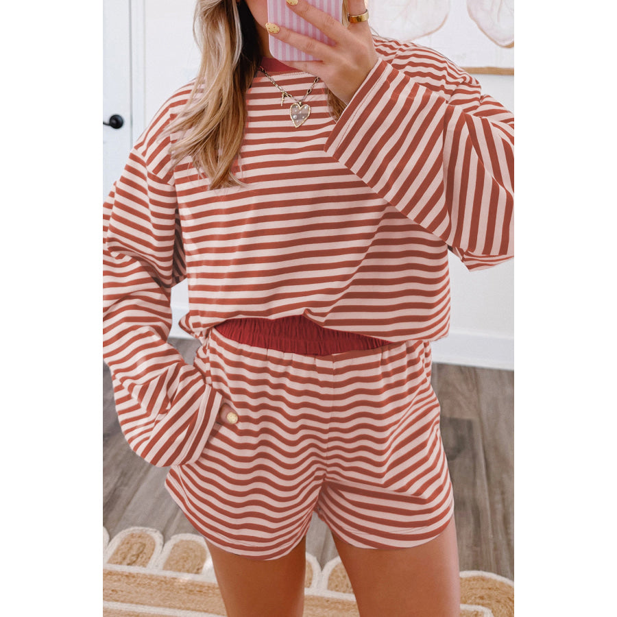 Brown Stripe Relaxed Long Sleeve Top Contrast Elastic Waistband Short Set Stripe1 / S / 95% Cotton + 5% Elastane Two Piece Sets/Short Sets