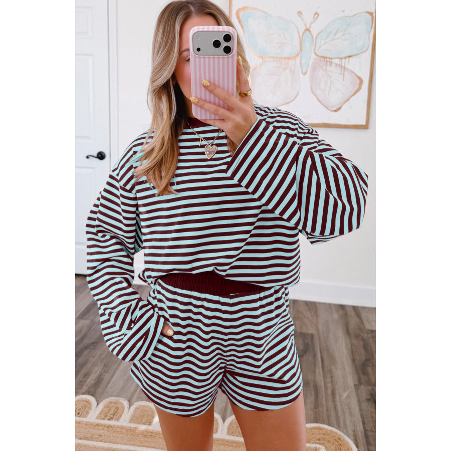 Brown Stripe Relaxed Long Sleeve Top Contrast Elastic Waistband Short Set Two Piece Sets/Short Sets