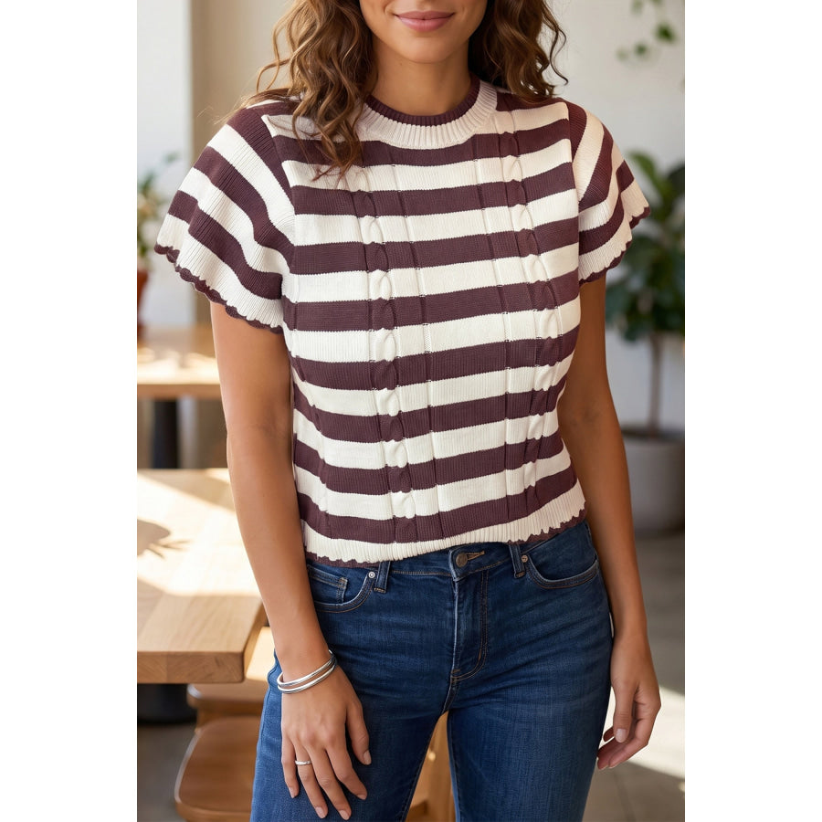 Brown Stripe Ribbed Knit Cable Detail Short Sleeve Sweater Brown Stripe / S Sweaters & Cardigans/Short Sleeve Sweaters