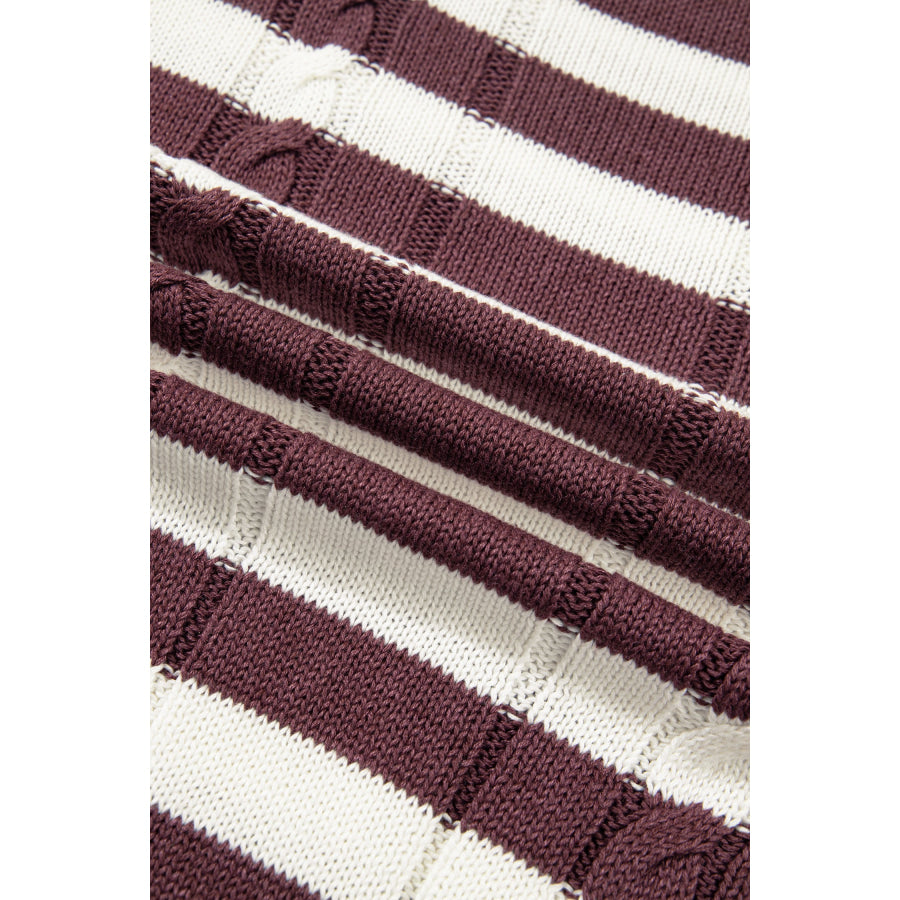 Brown Stripe Ribbed Knit Cable Detail Short Sleeve Sweater Sweaters & Cardigans/Short Sleeve Sweaters
