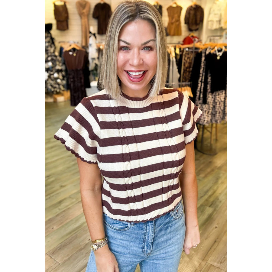 Brown Stripe Ribbed Knit Cable Detail Short Sleeve Sweater Sweaters & Cardigans/Short Sleeve Sweaters