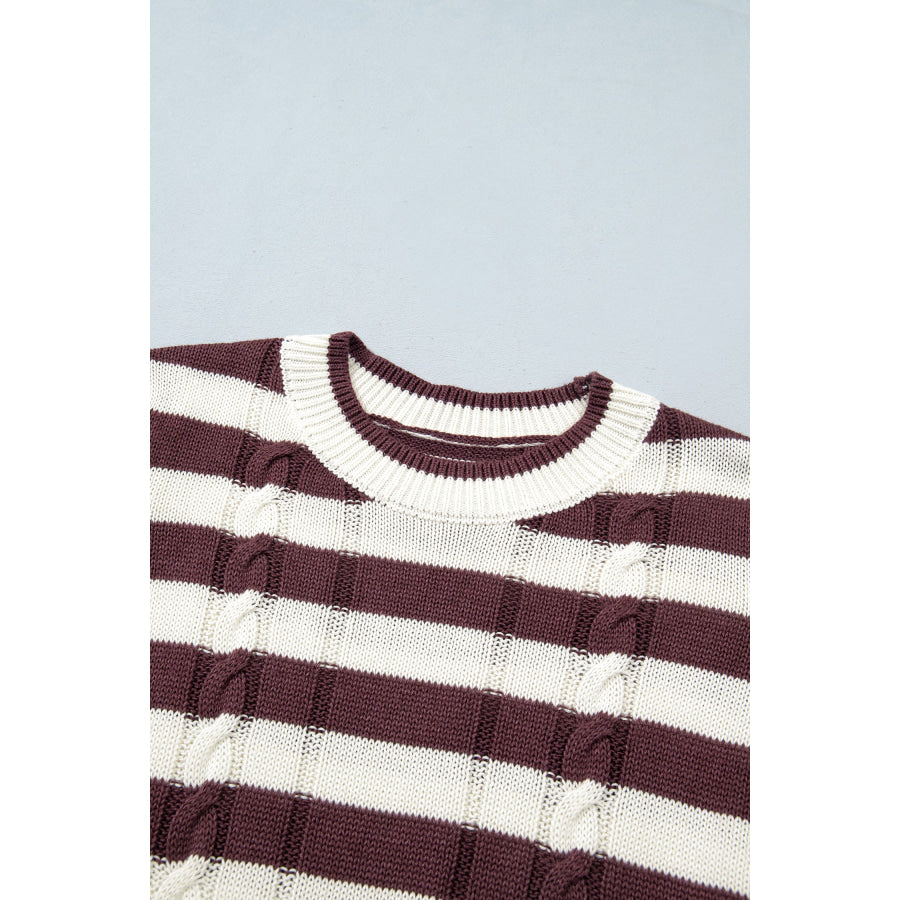 Brown Stripe Ribbed Knit Cable Detail Short Sleeve Sweater Sweaters & Cardigans/Short Sleeve Sweaters