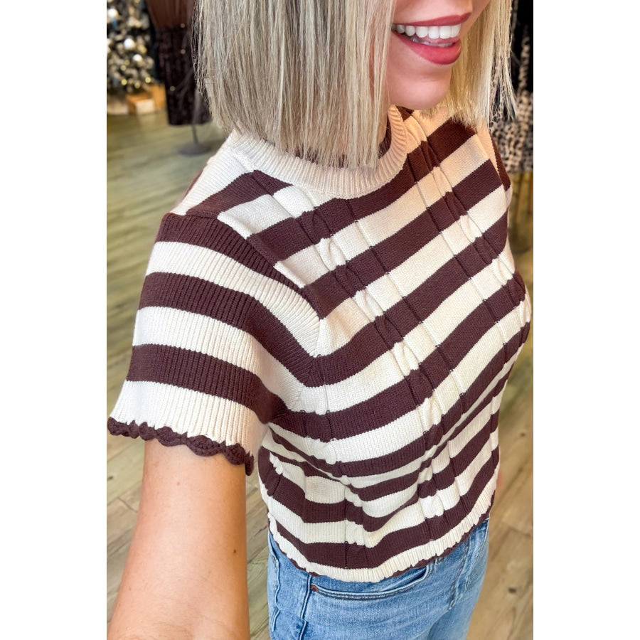 Brown Stripe Ribbed Knit Cable Detail Short Sleeve Sweater Sweaters & Cardigans/Short Sleeve Sweaters