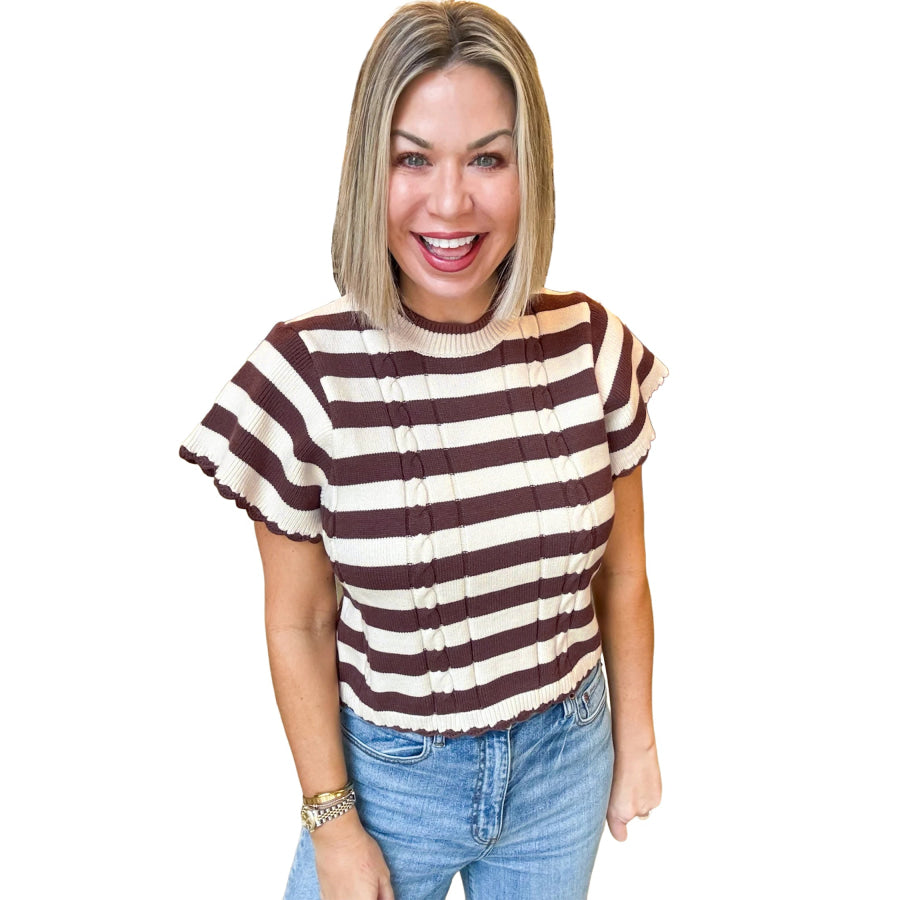 Brown Stripe Ribbed Knit Cable Detail Short Sleeve Sweater Sweaters & Cardigans/Short Sleeve Sweaters