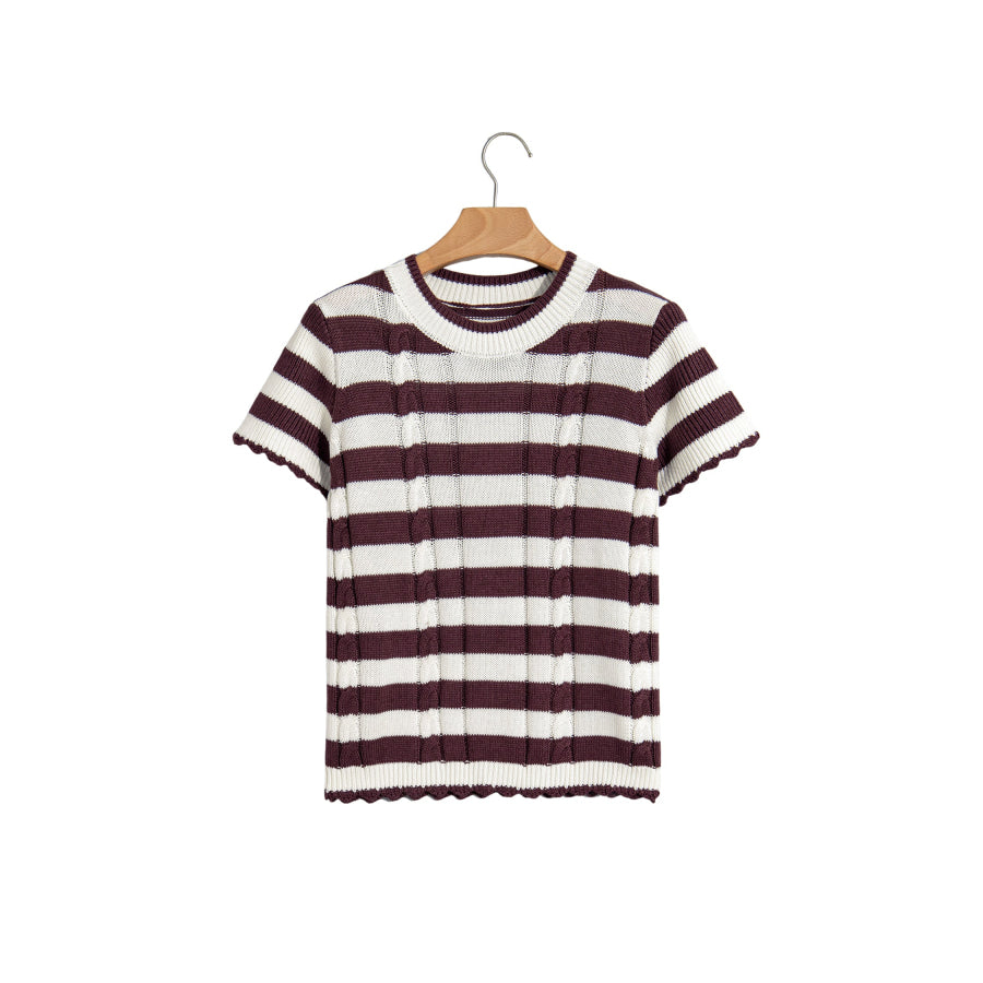 Brown Stripe Ribbed Knit Cable Detail Short Sleeve Sweater Sweaters & Cardigans/Short Sleeve Sweaters