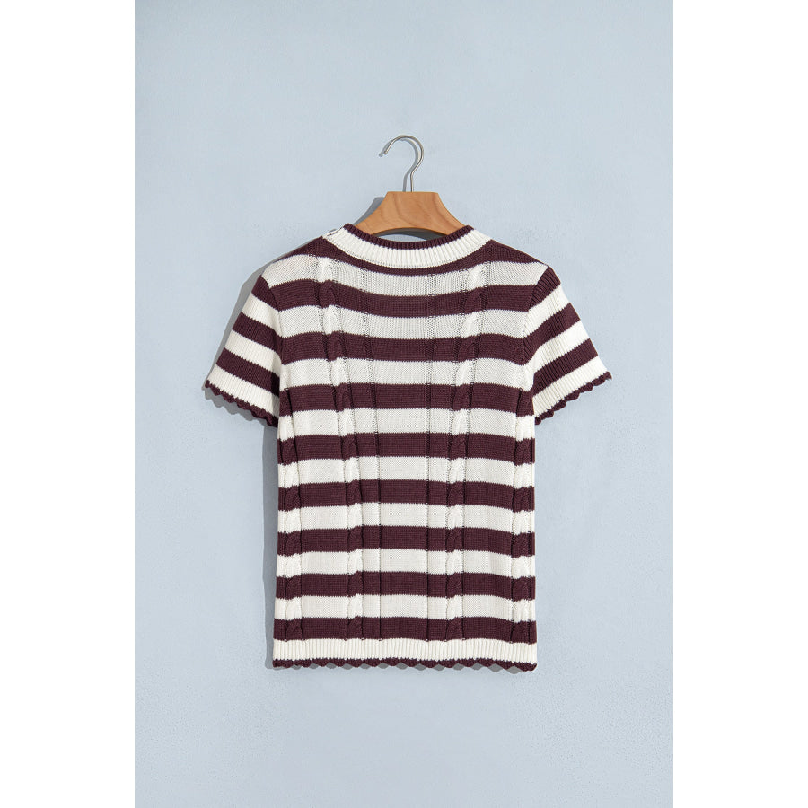 Brown Stripe Ribbed Knit Cable Detail Short Sleeve Sweater Sweaters & Cardigans/Short Sleeve Sweaters