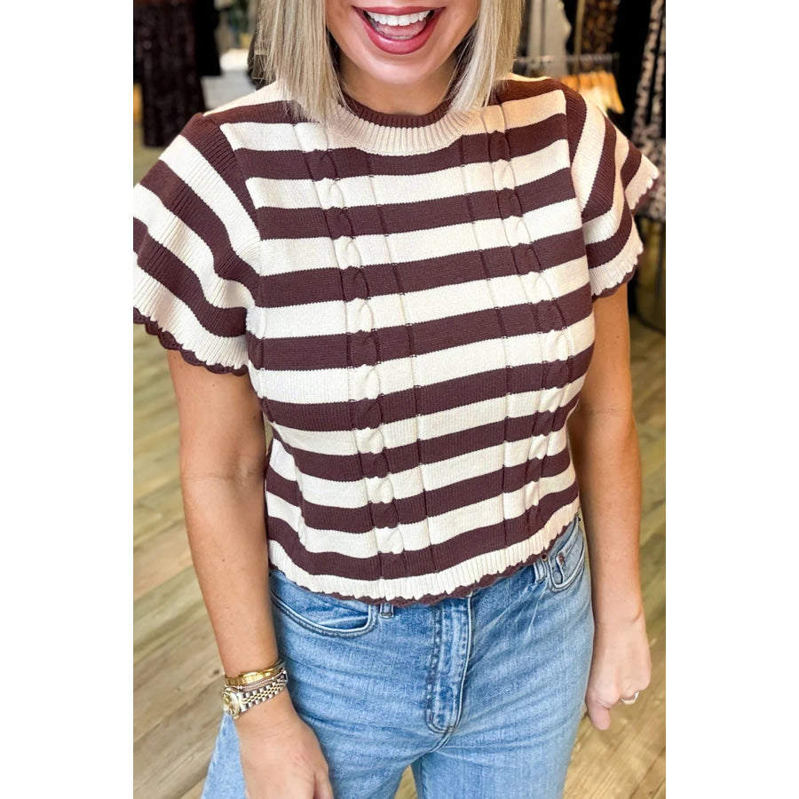 Brown Stripe Ribbed Knit Cable Detail Short Sleeve Sweater Sweaters & Cardigans/Short Sleeve Sweaters