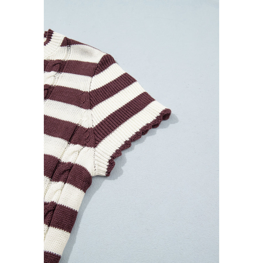 Brown Stripe Ribbed Knit Cable Detail Short Sleeve Sweater Sweaters & Cardigans/Short Sleeve Sweaters
