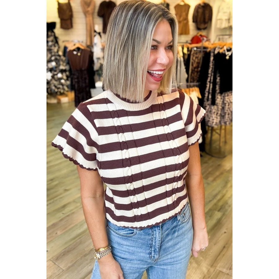 Brown Stripe Ribbed Knit Cable Detail Short Sleeve Sweater Sweaters & Cardigans/Short Sleeve Sweaters