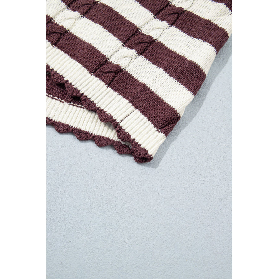 Brown Stripe Ribbed Knit Cable Detail Short Sleeve Sweater Sweaters & Cardigans/Short Sleeve Sweaters