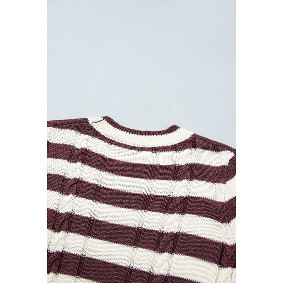 Brown Stripe Ribbed Knit Cable Detail Short Sleeve Sweater Sweaters & Cardigans/Short Sleeve Sweaters