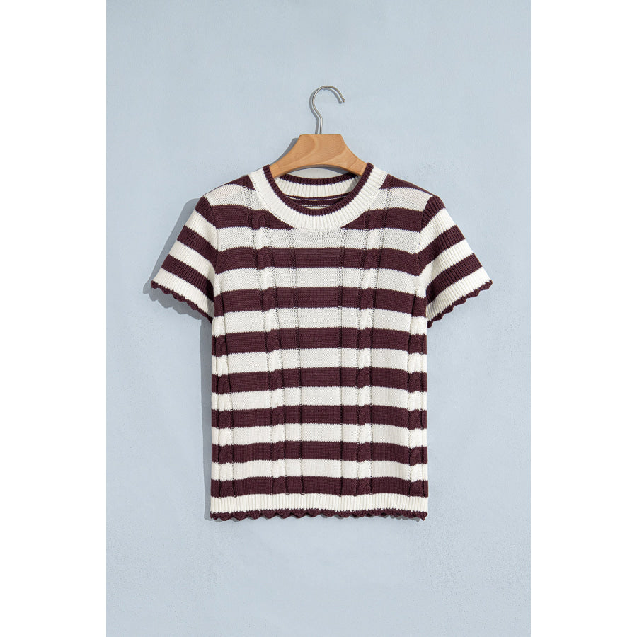 Brown Stripe Ribbed Knit Cable Detail Short Sleeve Sweater Sweaters & Cardigans/Short Sleeve Sweaters