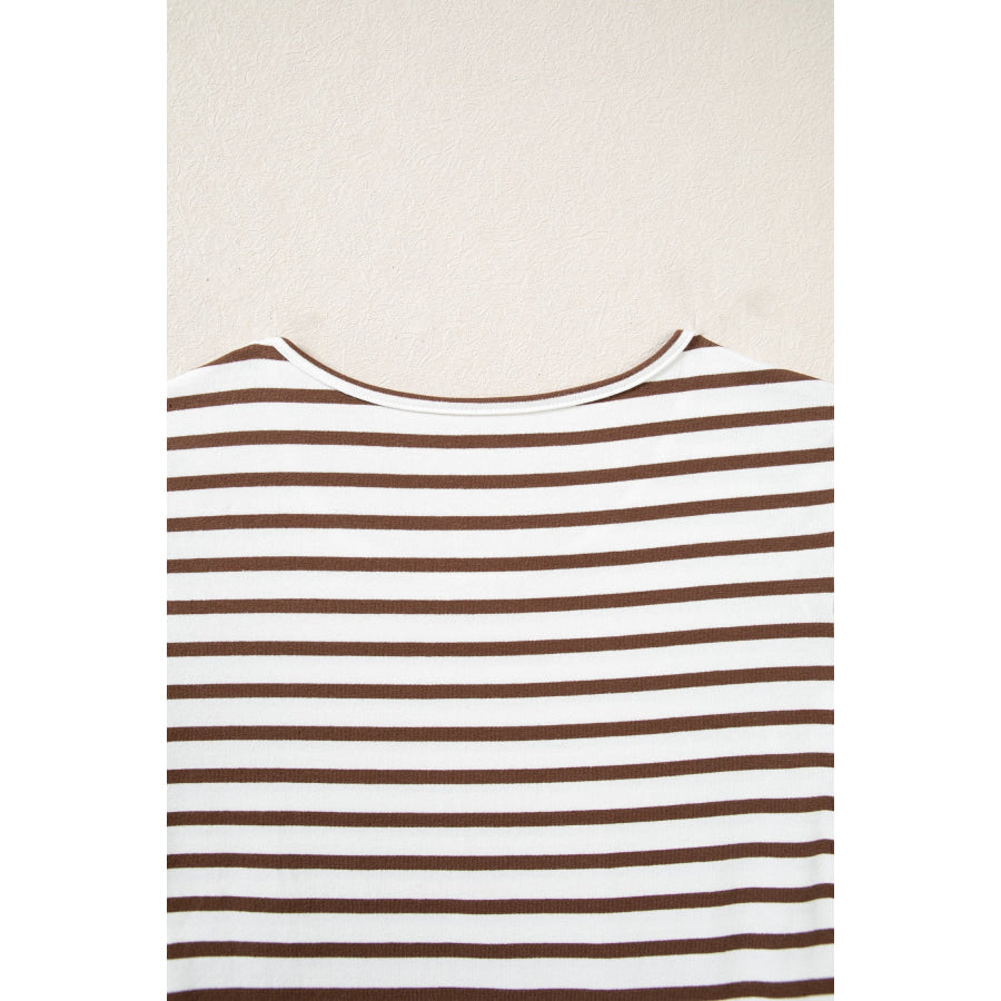 Brown Stripe Ribbed Knit Long Sleeve Bodice Contrast Patchwork Flared Dress Dresses/Maxi Dresses
