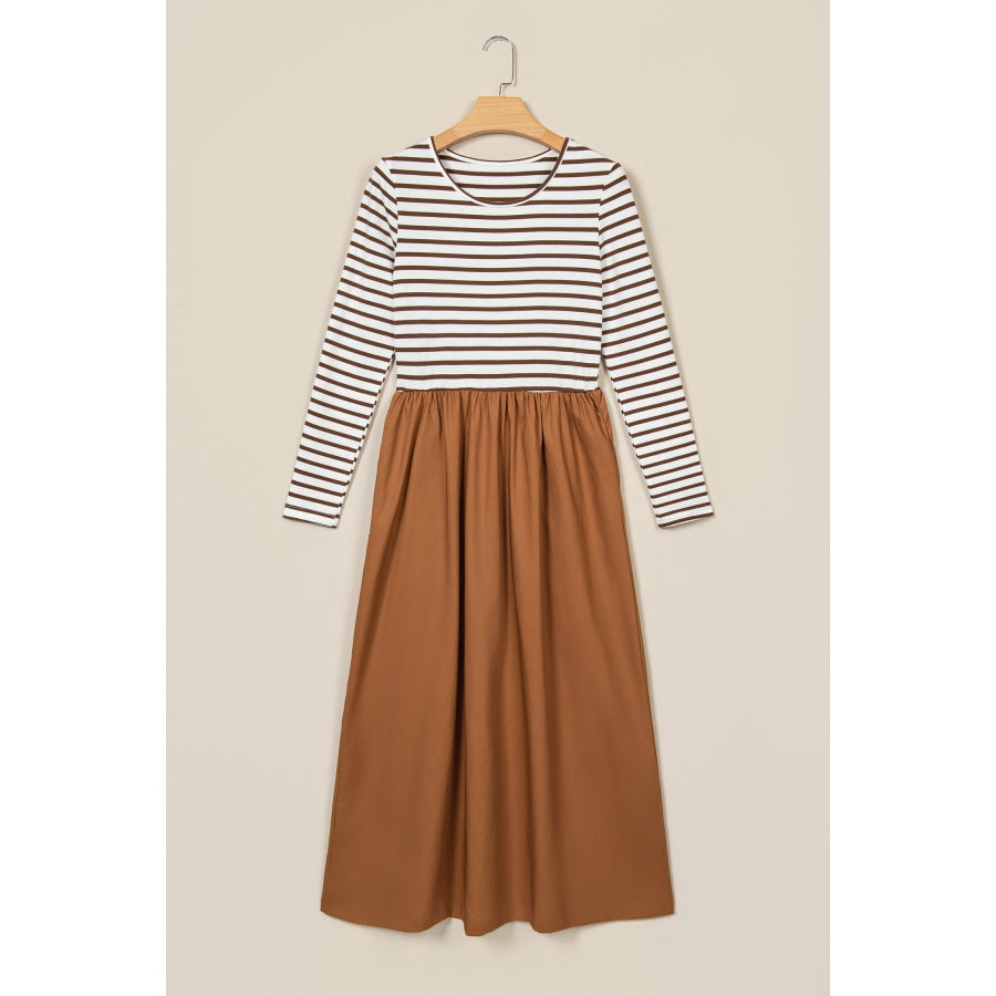 Brown Stripe Ribbed Knit Long Sleeve Bodice Contrast Patchwork Flared Dress Dresses/Maxi Dresses