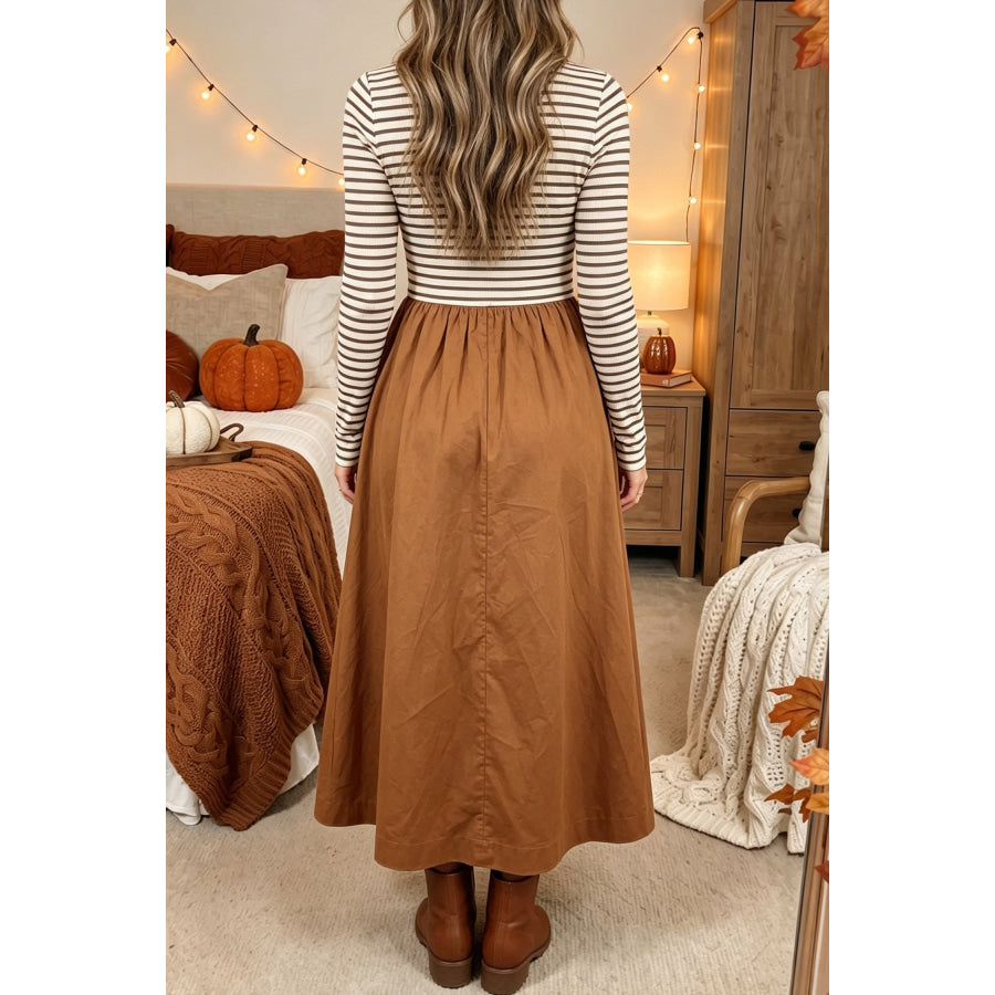 Brown Stripe Ribbed Knit Long Sleeve Bodice Contrast Patchwork Flared Dress Dresses/Maxi Dresses