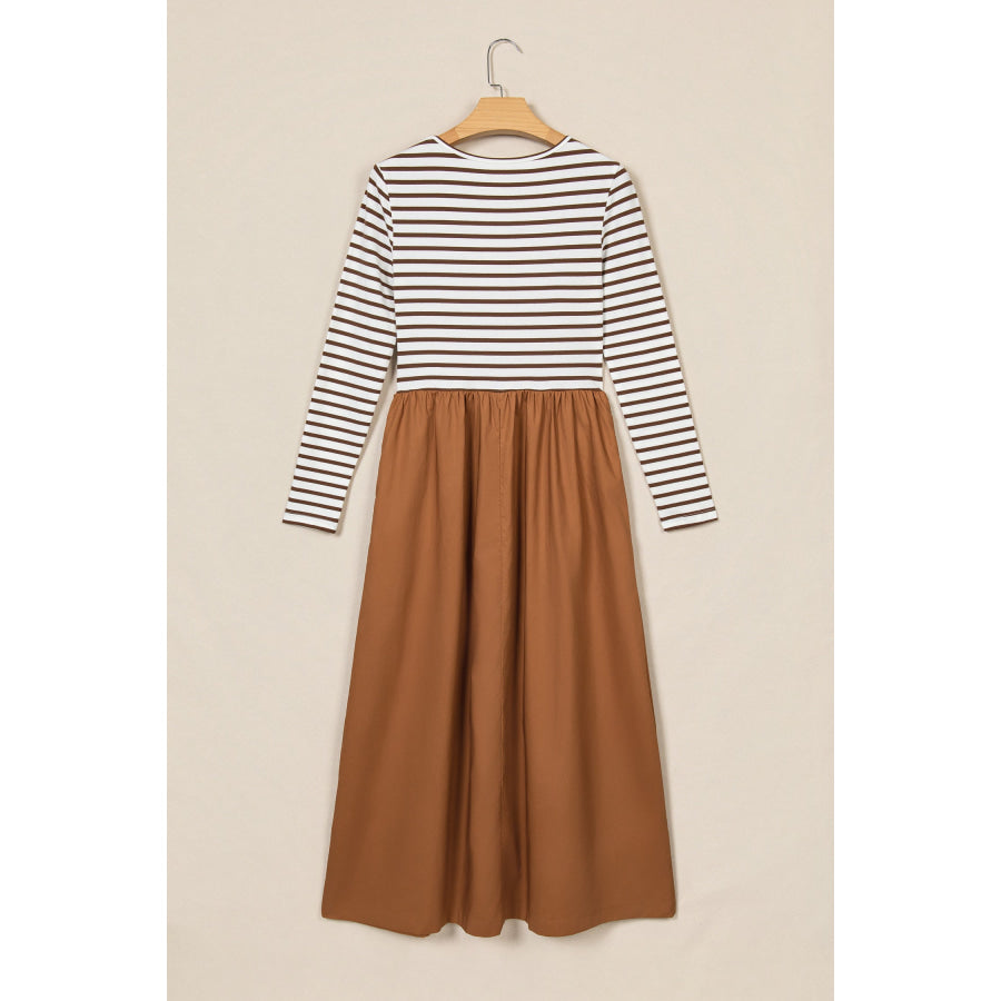Brown Stripe Ribbed Knit Long Sleeve Bodice Contrast Patchwork Flared Dress Dresses/Maxi Dresses